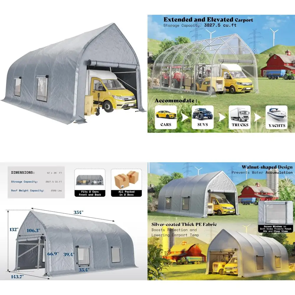 

"durable 12m x 3m walnut-style steel carport with roll-up doors and mesh windows for outdoor use"