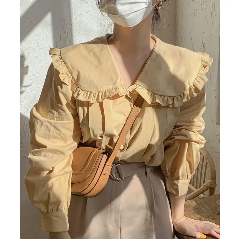 

Chic Yellow Gentlewoman Collar Patchwork Single Button Loose Long Sve irt Top for Young Women in Their 20s