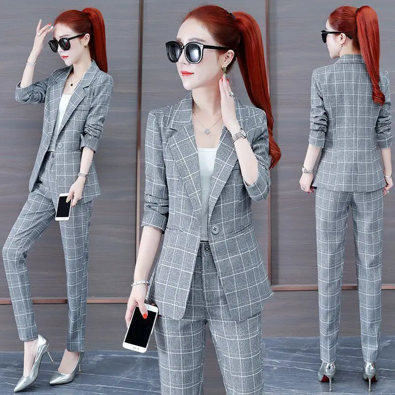 

Office Lady Elegant Slim Suit Women 2 Piece Set Korean Lattice Single Button Blazer Jacket and Pants Work Outfit E141