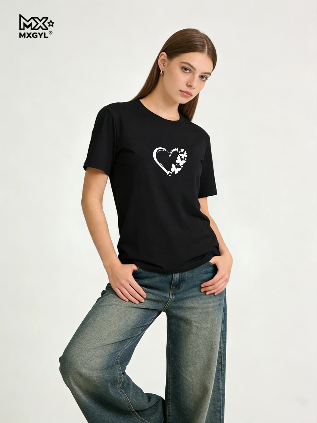 Lovely Heart Butterfly Printed T-shirts For Women High Quality  Breathable Tees Ladies Home Outdoor Casual Sports Fashion Tops