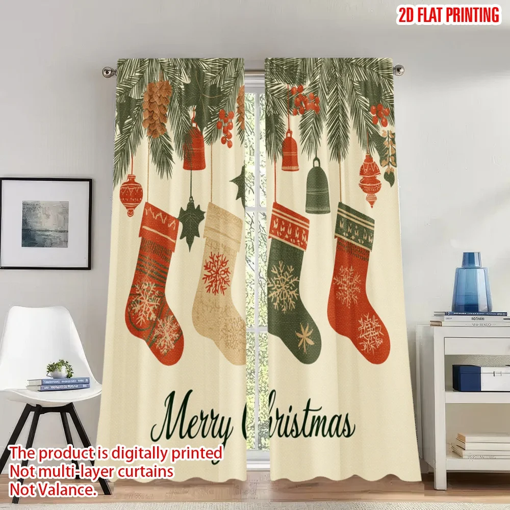 

2pcs 2D flat printing Classic Christmas Curtains Christmas Socks Stockings Winter Holiday Digital Printed Polyester Drapes