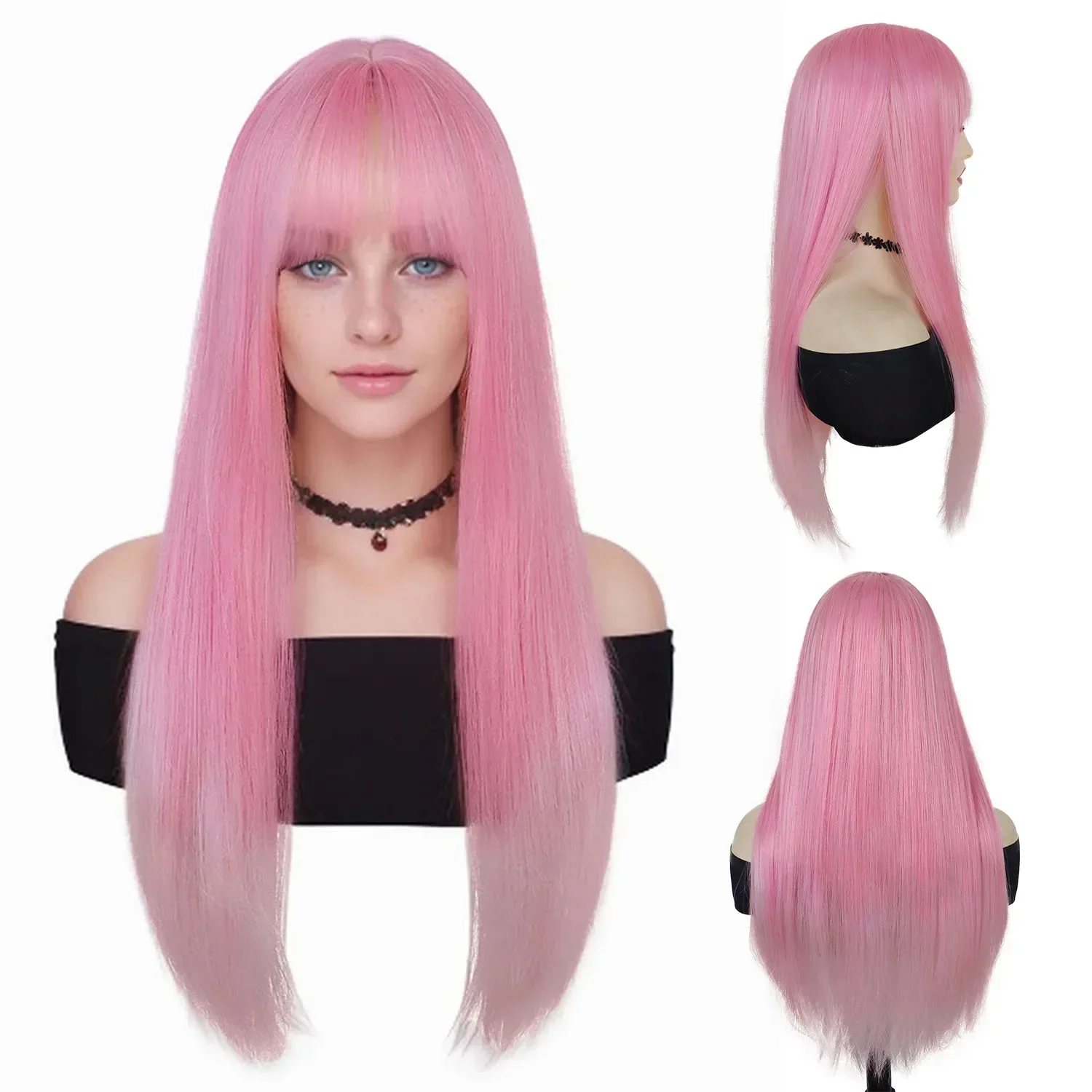 Long Pink Wigs for Women Synthetic Hair Silky Straight Wig with Bangs Long Cosplay Wigs Drag Queen Party Anime Movie Costume Wig