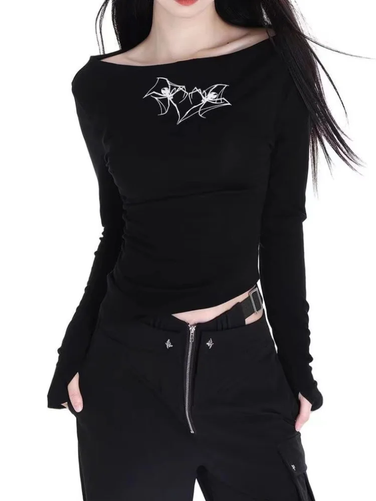 Donne Y2K Gothic Spider Graphic Grunge magliette con spalle scoperte 2024 autunno inverno Streetwear top magliette Casual abbigliamento femminile