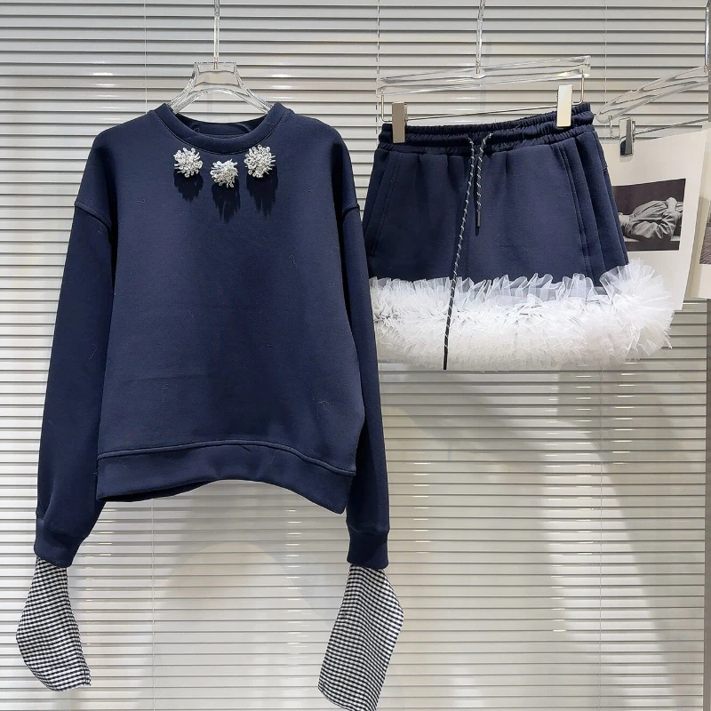 

2025 autumn new spicy girl rhinestone flower nail bead round neck puloover+pleated lace trim short skirt trendy set