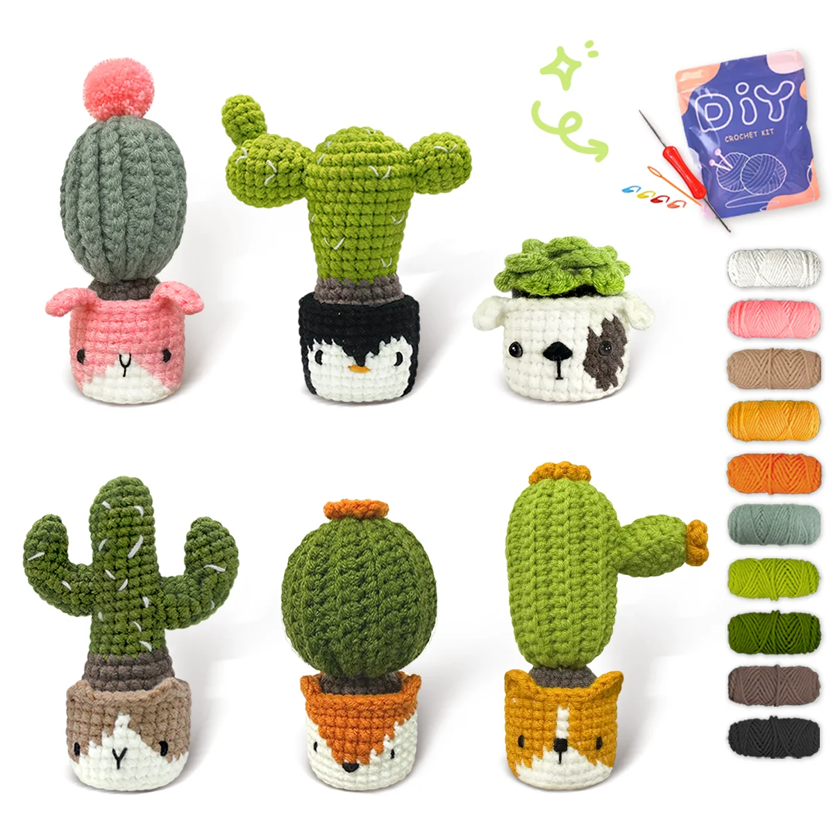 AMAXIN Plants Family Crochet Kit for Beginners-Cactus Cacti Learn to Starter Amigurumi Knitting Kit and Yarn Craft Ki