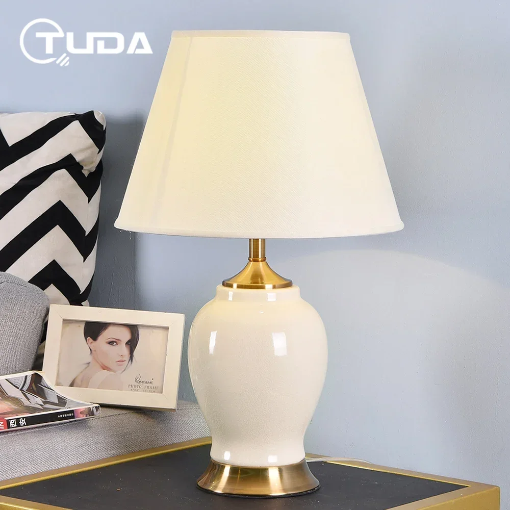 

TUDA White Ceramic Table Lamps For Bedroom living Room Bedside Lamp EU Plug E27 110v 220v Home Decor