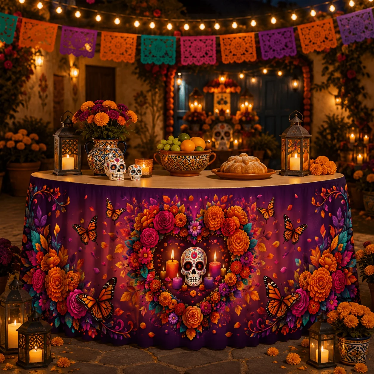 One table skirt: polyester, Halloween candy, skull, heart wreath, sunflower, rose, crown, butterflyxzj