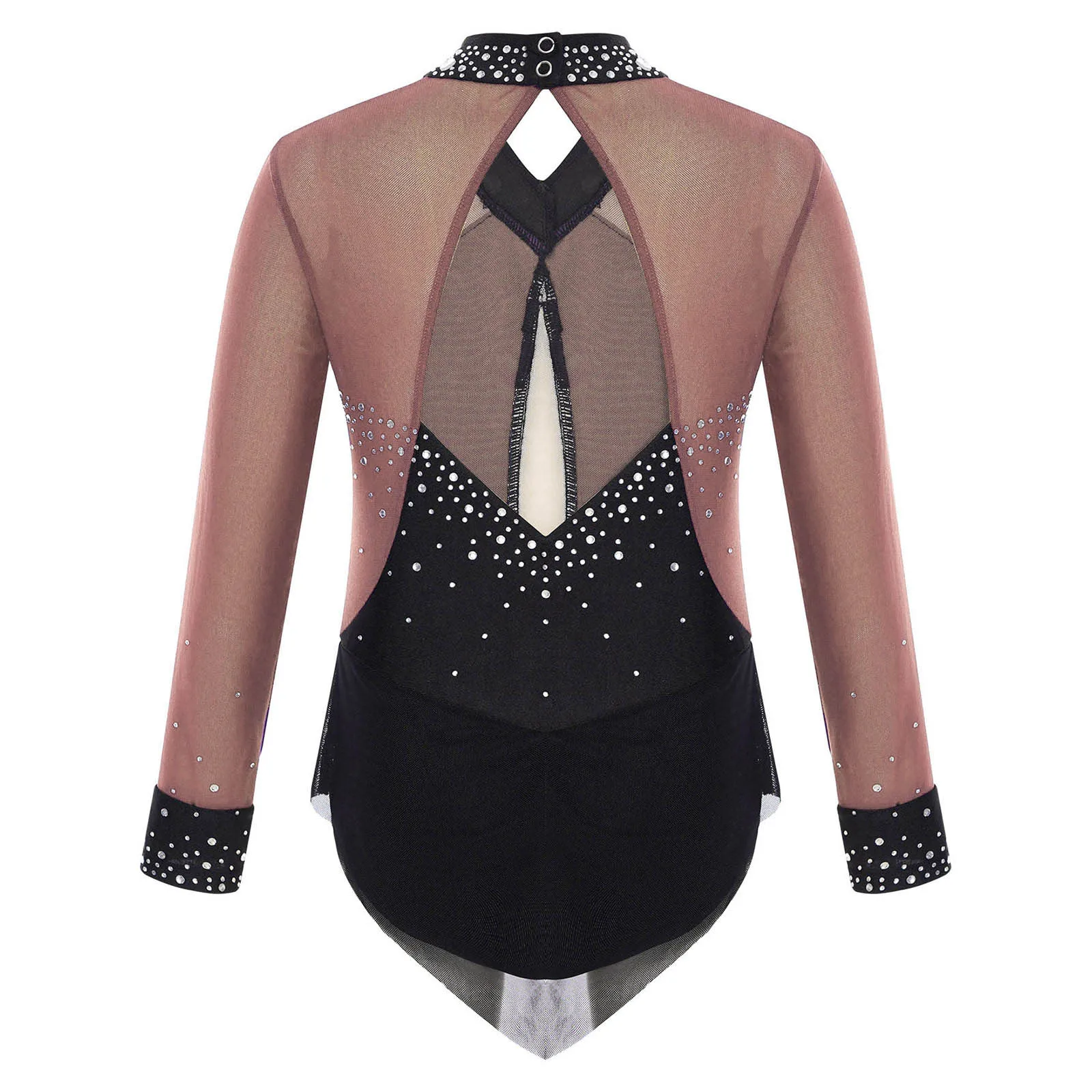 

Kids Girls Rhythmic Gymnastics Ballet Leotard Figure Skating Workout Dancewear Shiny Rhinestones Sheer Mesh Overlay Bodysuit