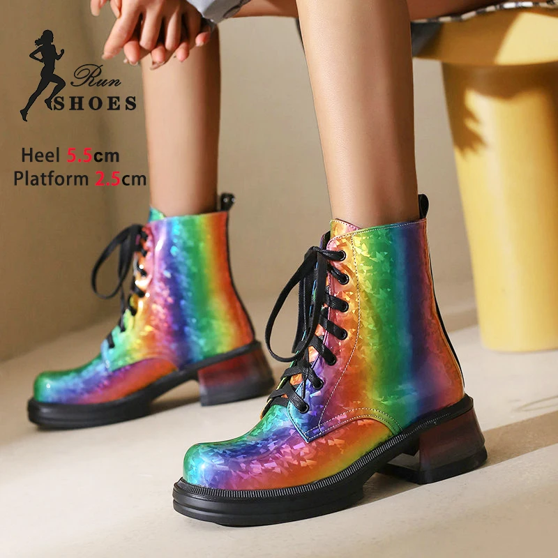 

Botas Mujer Fashion Women Party Shoes Gradient Color Lace Up Ankle Boots Plus Size Rainbow Leather Motorcycle Short Boots Female