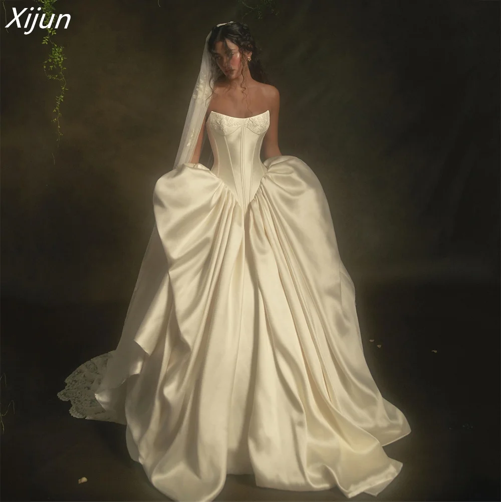 Xijun Elegant Satin Ball Civil Wedding Dress Strapless Sleeveless Women's Wedding Dresses Embroidery Bridal Gown 2026 Customized