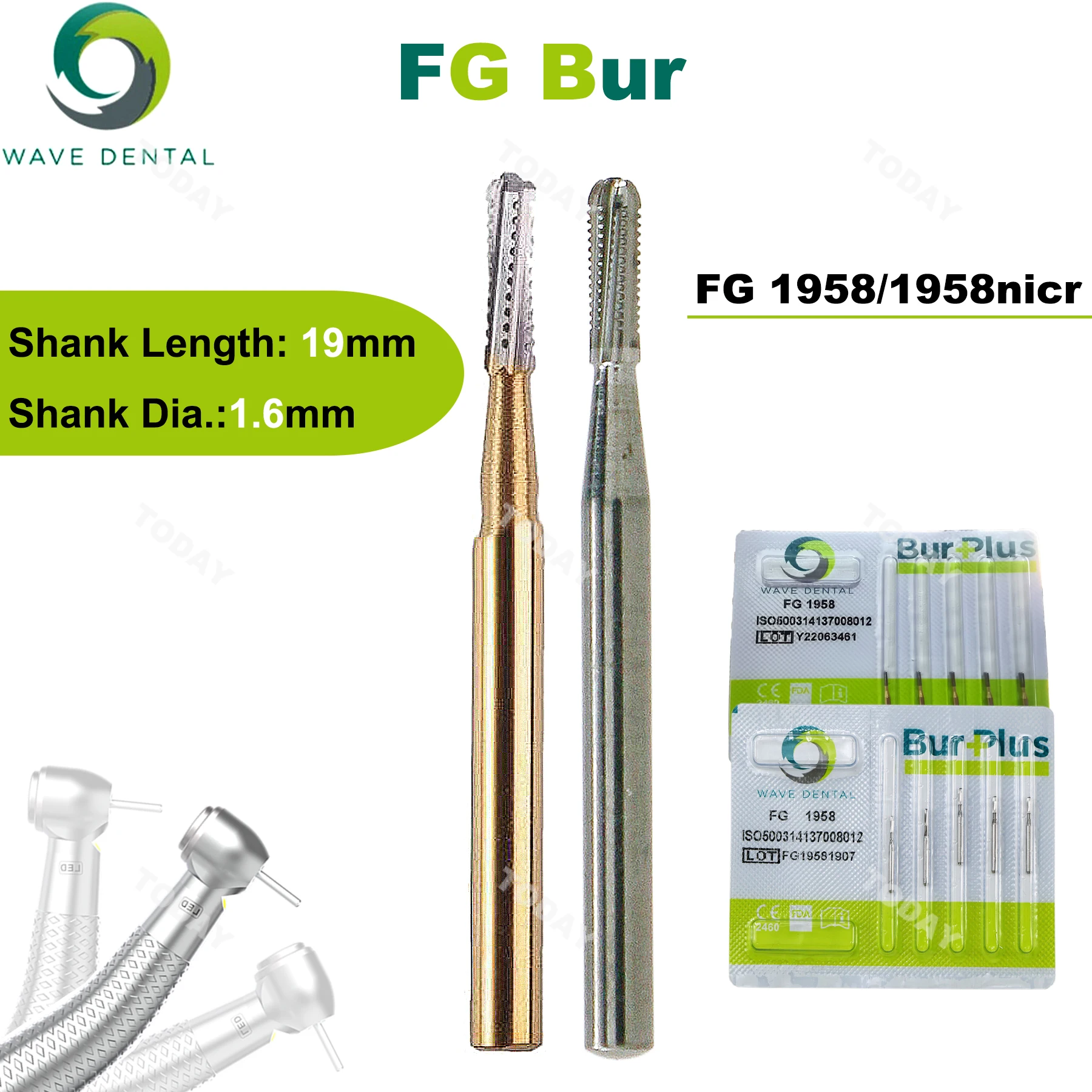 PRIMA WAVE Dental Burs Tungsten Carbide Burs Straight Fissure Head With Rounded End FG1958 For High Speed Handpiece Dia.1.2mm