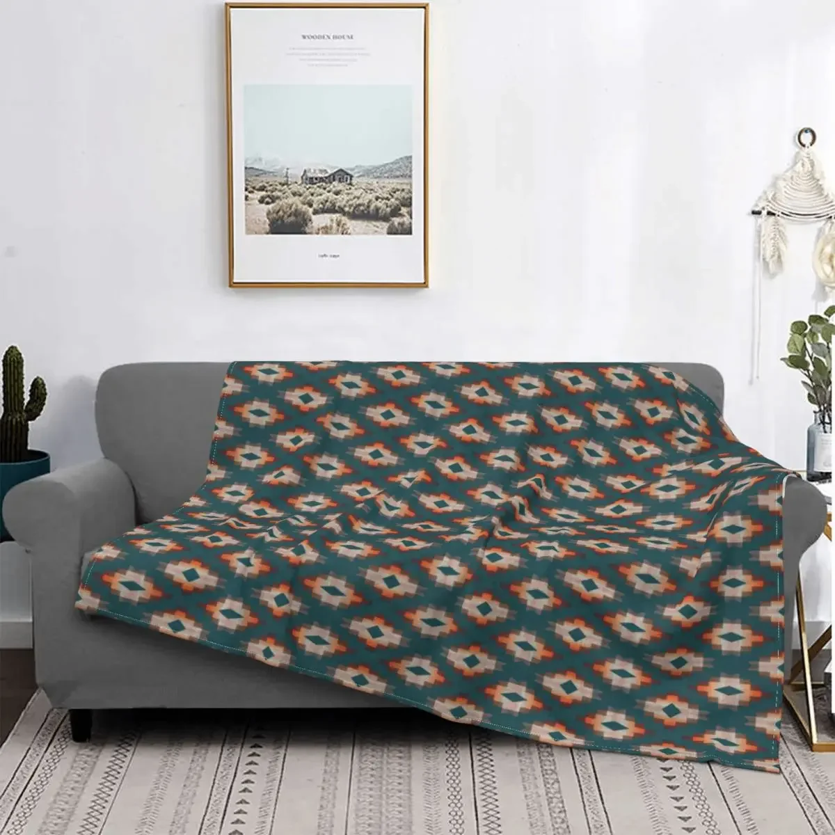 Trendy Teal Blue Orange Dark Brown Gray Tribal Blanket Flannel Decoration Antique Soft Throw Blankets for Bed Plush Thin Quilt