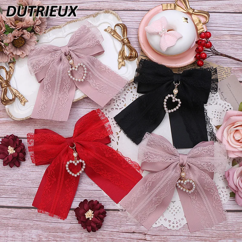 Japanese Style Sweet and Cute Girls All-matching Lace Headdress Kawaii Love Pendant Big Bow Hair Clips Accessories for Women