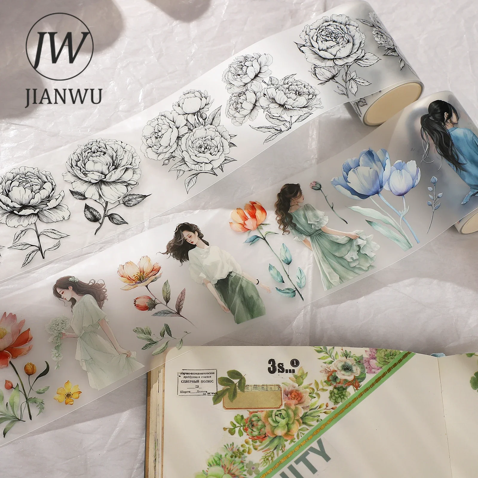 JIANWU 200cm/300cm/ Roll Literary Kawaii Material Flower Landscape PET Washi Tape Creative DIY Journal Collage Decor Stationery