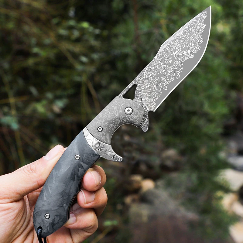 High-quality Damascus steel pocket knife, men's EDC survival folding knife, with sheath, camping, hunting, and fishing knife