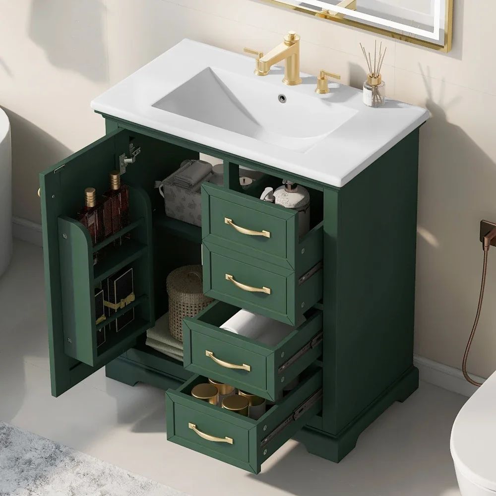 

30" Bathroom Vanity with Sink, One Package, Green Bathroom Cabinet with Drawers, Solid Frame and MDF Board Bathroom Cabinet