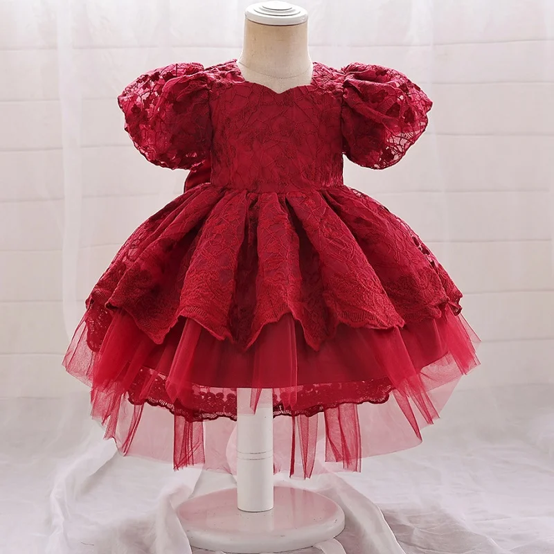 Girls' New Bow Princess Dress Baby Bubble Sleeve Fluffy Dress One Year Banquet Flower Girls' Performance Dress