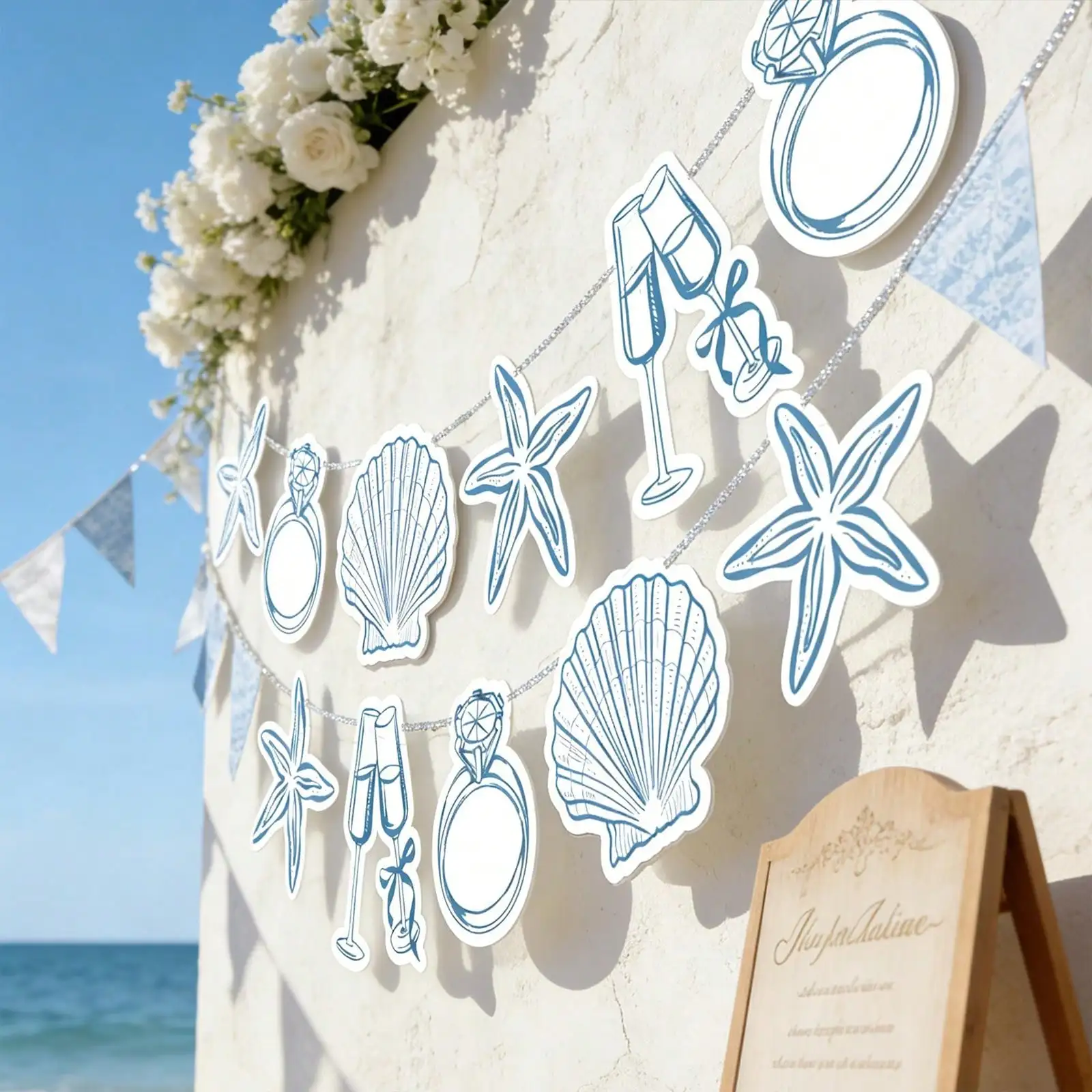 Last Toast on the Coast Banner Beach Bridal Bachelorette Party Decor 30ft of Cord Double-Sided Seashells Champagne Glasses Decor