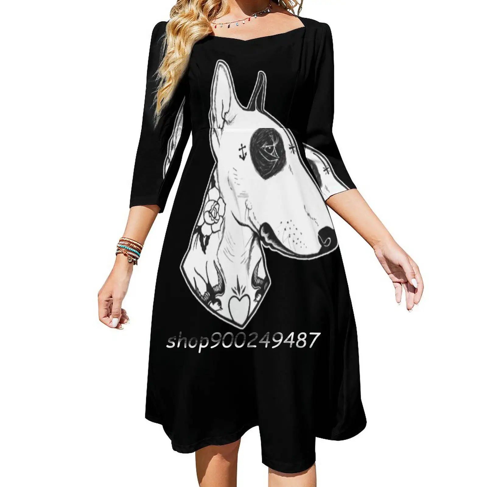 Tattooed Bullterrier Long Sleeve Sexy Dresses For Women 2022 Ladies Vintage Elegant Party Dress Animal Dog Bully Breed Tattoos