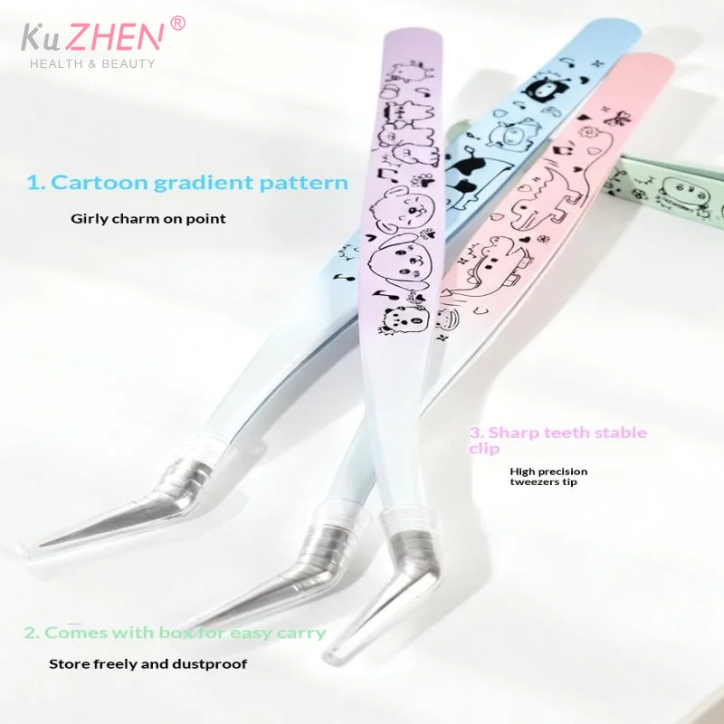 Pinça de cílios postiços com estampa de desenho animado, pinça de extensão de cílios 3d profissional curvada de aço inoxidável, ferramentas de maquiagem