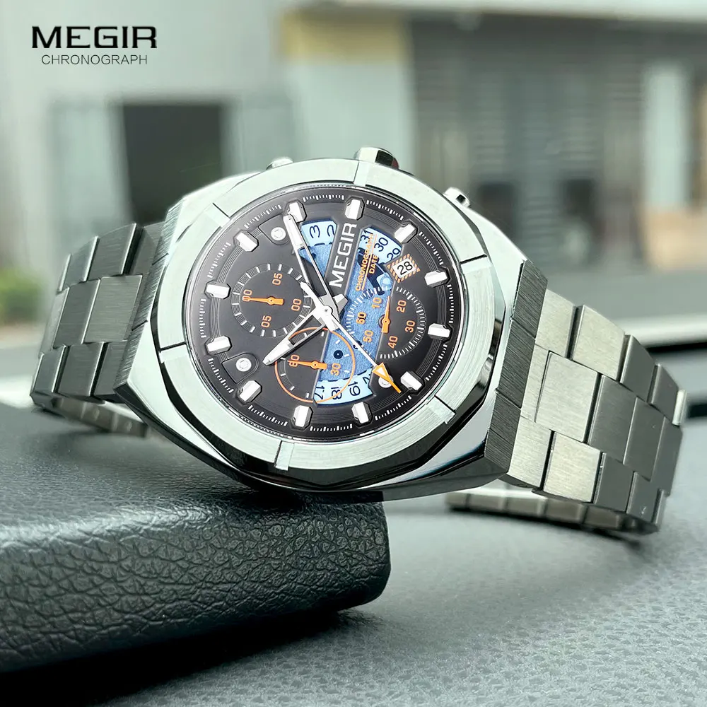 MEGIR Gray Sport Quartz Watch for Men Luxury Luminous Waterproof Metal Wristwatch with Stainless Steel Strap Date Chronograph