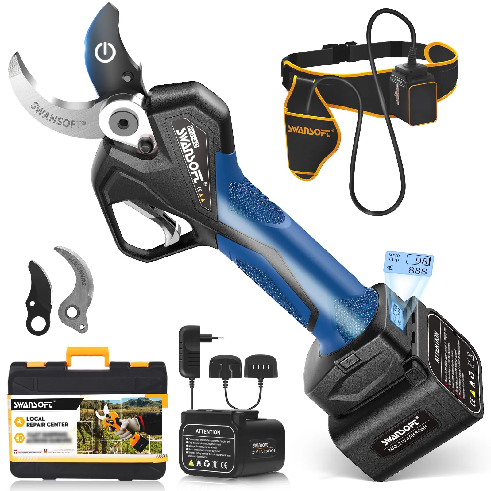 SWANSOFT Professionele 1050W borstelloze elektrische snoeischaar, 0-40 mm snijbereik voor druiven- en fruitbomen, 2*4Ah accu's, progressief snijden PRU40
