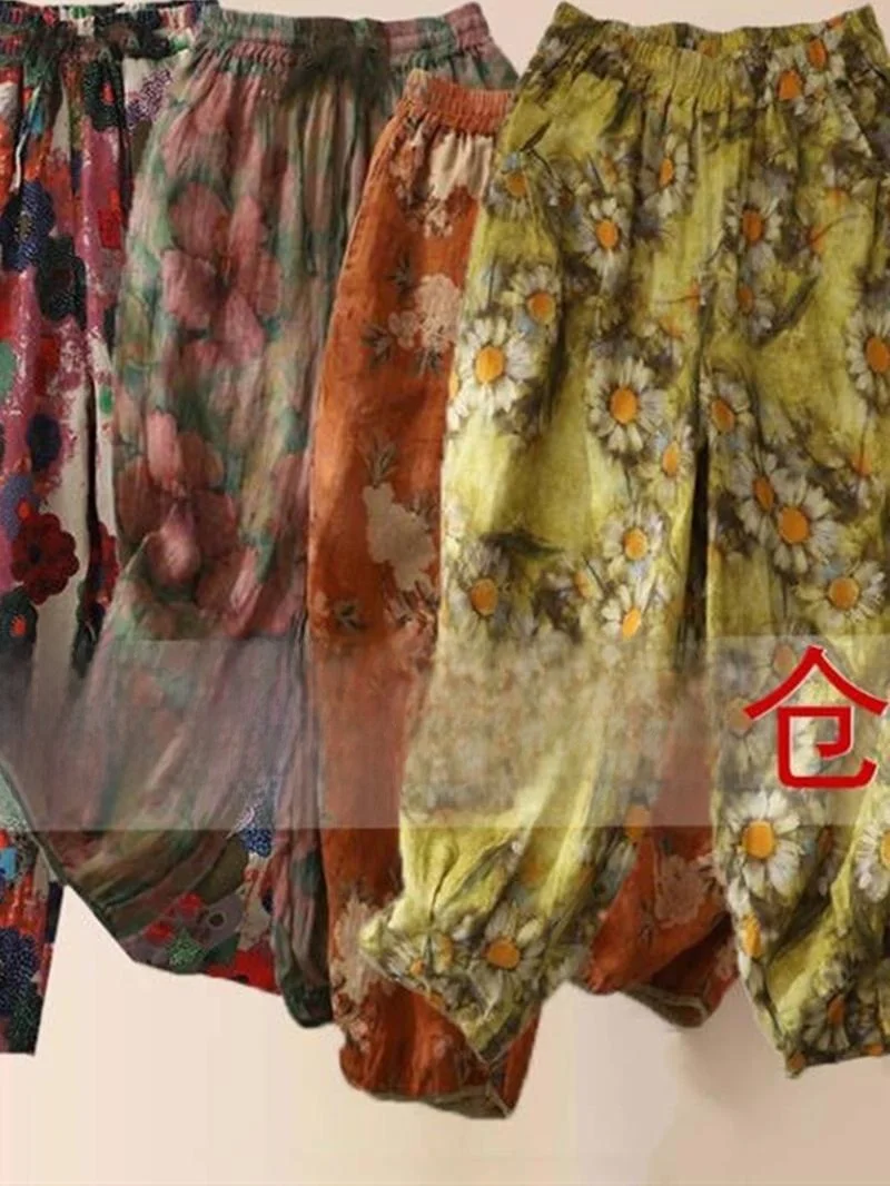 하이웨이스트 코튼 린넨 혼방 여름 캐주얼 팬츠 여성 프린트 나인 포인트 루즈핏 바지 얇은 캐주얼 팬츠 엄마용