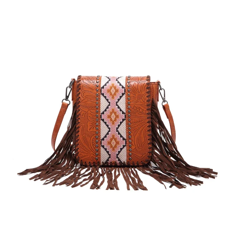 Small Vegan Leather Cowhide Women's Crossbody Handbag with Tassel Wrangler West Fringe Purse for Women Shoulder Bag Tooled Aztec