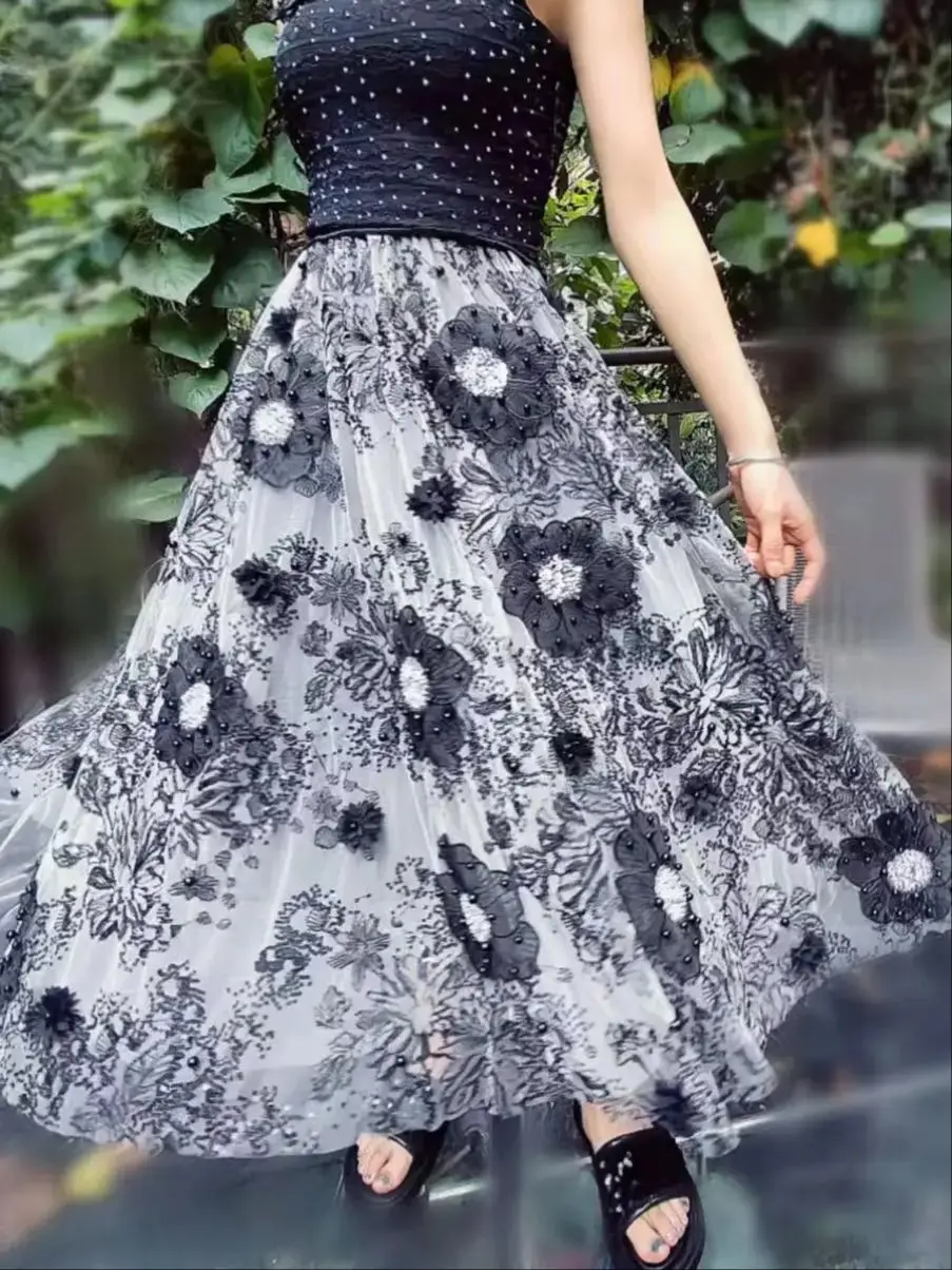 

Luxury Full Flowers Embroidery Sequined Beaded Skirt For 2024 Heavy Industry High Waist Big Swing Skirt Women's Half Skirt