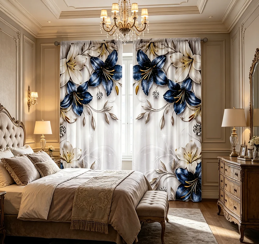 2PCS Digital Printed Curtains, Blue Diamond Lily Luxury Elegant Floral, Rod Pocket Window Drapes for Living Room Bedroom Decor