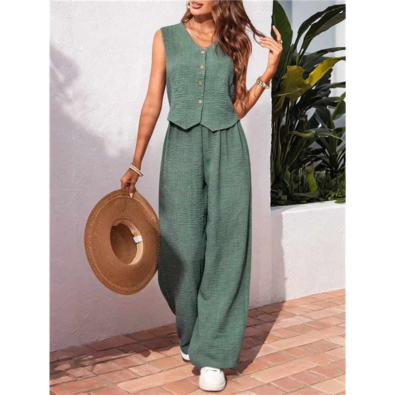 2-teiliges Damen-Outfit, Leinenweste, Weste, elegante Freizeit-Sets, Hosenanzüge mit weitem Bein