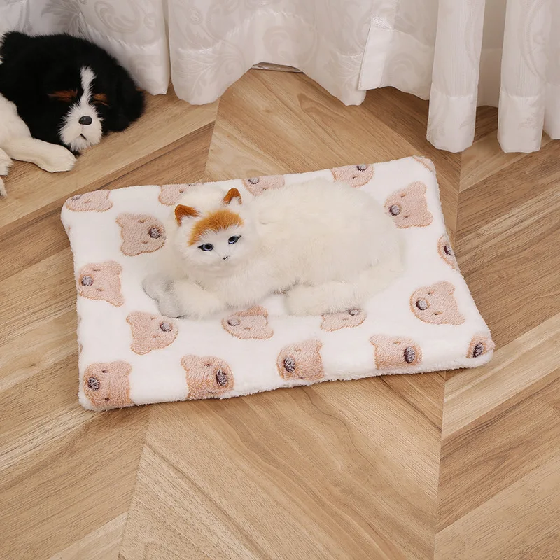 Ultra Soft Plush Cat Bed Mat with Cute Prints Reversible Fleece Dog Crate Kennel Pad Cozy Washable Thickened for Kitten Puppy