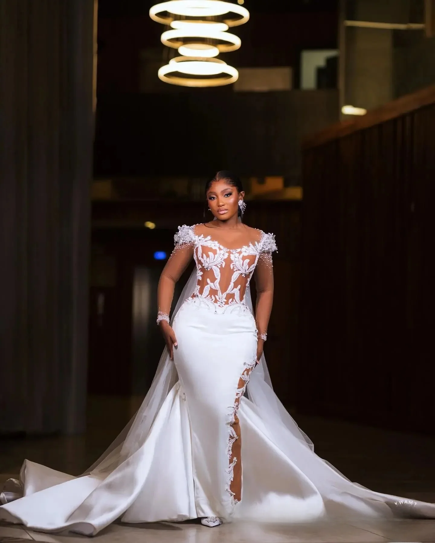 Customized  Mermaid Bridal Gowns Illusion Mermaid Wedding Gowns Black Women Long Sleeves Appliqued Beads Lace Dress