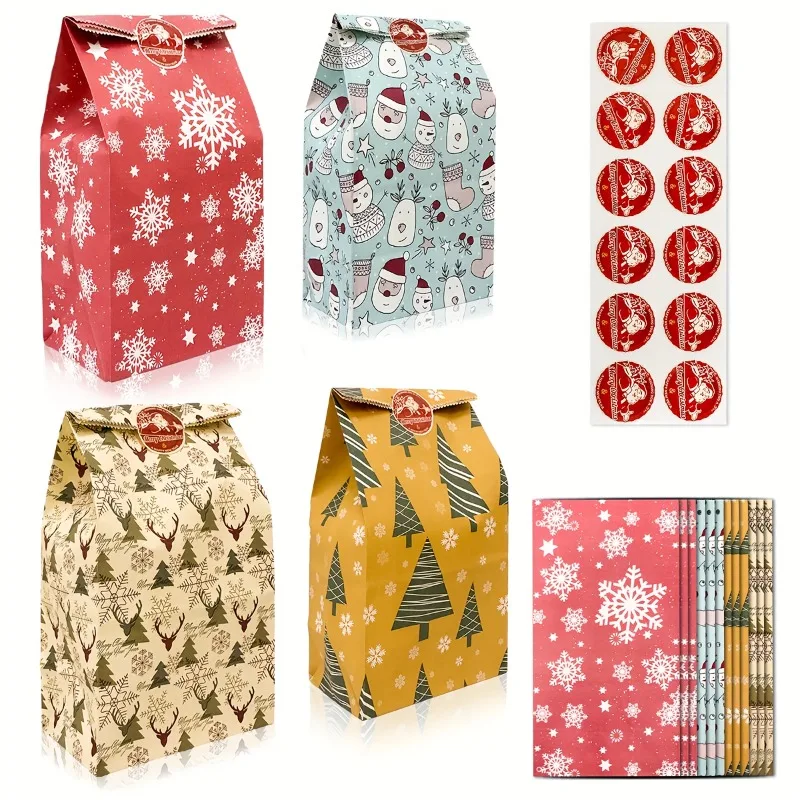 24 قطعة من أكياس هدايا ندفة الثلج والرنة مع ملصقات، أكياس هدايا ورقية للعطلات والعام الجديد للحفلات وحقيبة الطعام