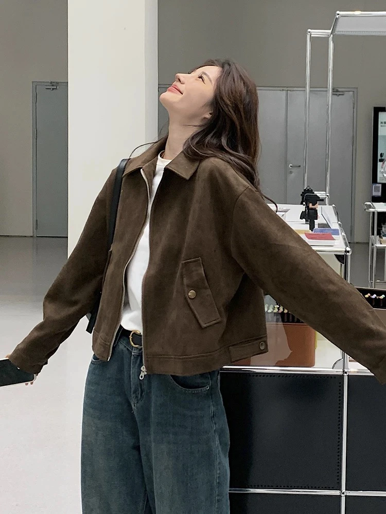 Fall New Brown Mermaid Deer Skin Velvet Jaet Women ort American Retro Motorcycle Jaet Top Loose Fit Commute Sle