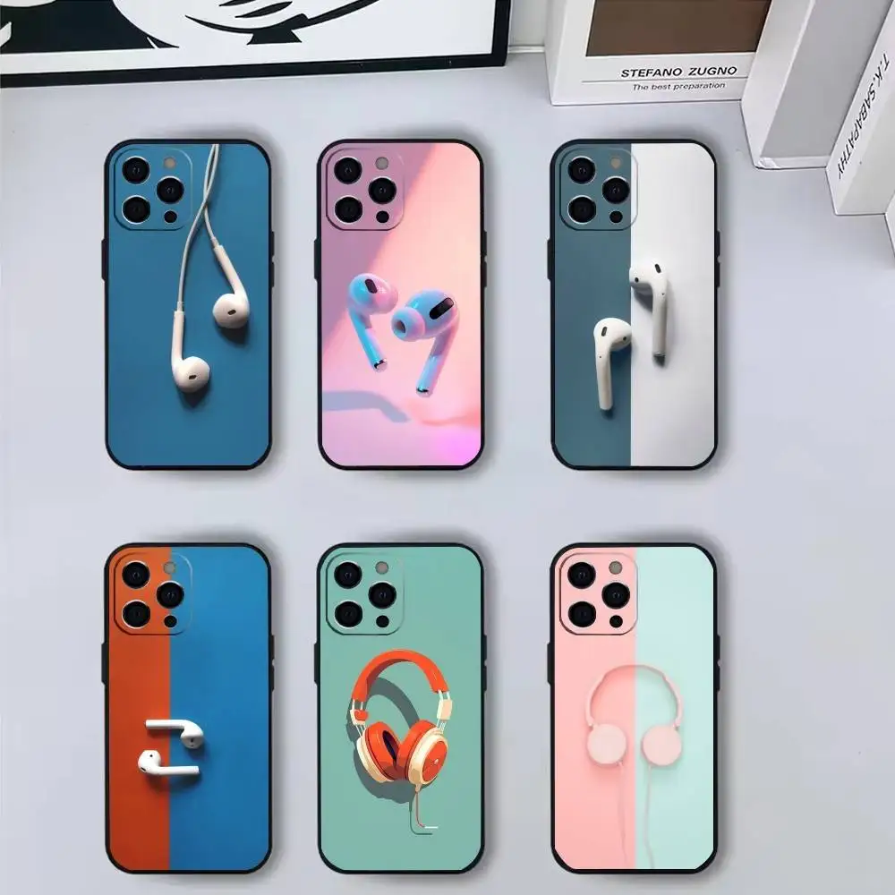 

Fashion earphone Phone Case For iPhone 17,16,15,14,13,12,11 Plus,Pro Max,XS,Soft Silicone Black Cover