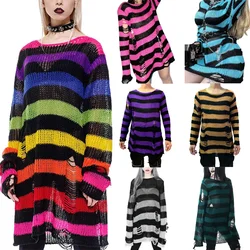 2024 Lila Gestreifte Gothic Pullover Frauen Zerrissene Löcher Lose Gestrickte Pullover Ausgefranste Fee Grunge Jumper Emo Streetwear Lolita