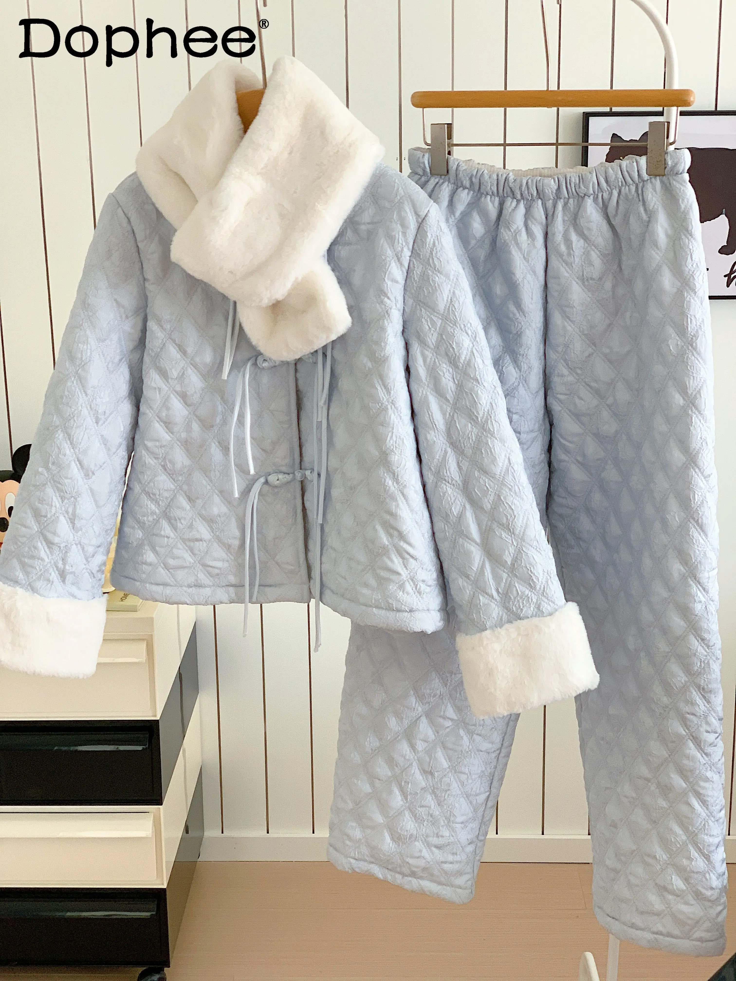 

Зимний милый милый теплый пижамный комплект во французском стиле в стиле принцессы, свободная утолщенная флисовая домашняя одежда, подходящая для уличной одежды