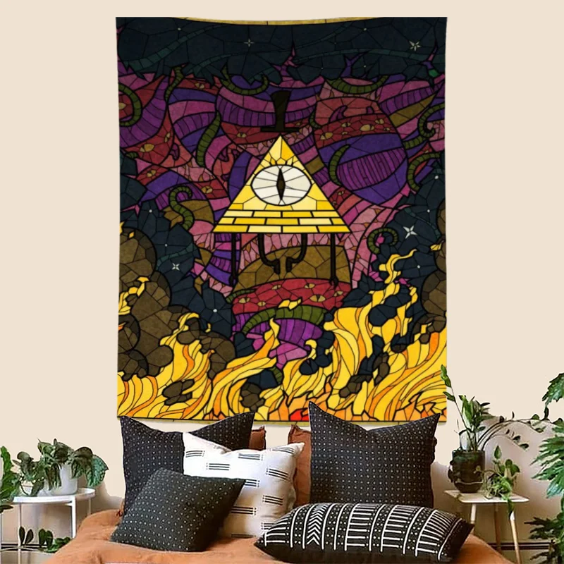 Stained Glass Style Bill Cipher Tapestry Wall Hanging Boho Art Decor for Bedroom Living Room