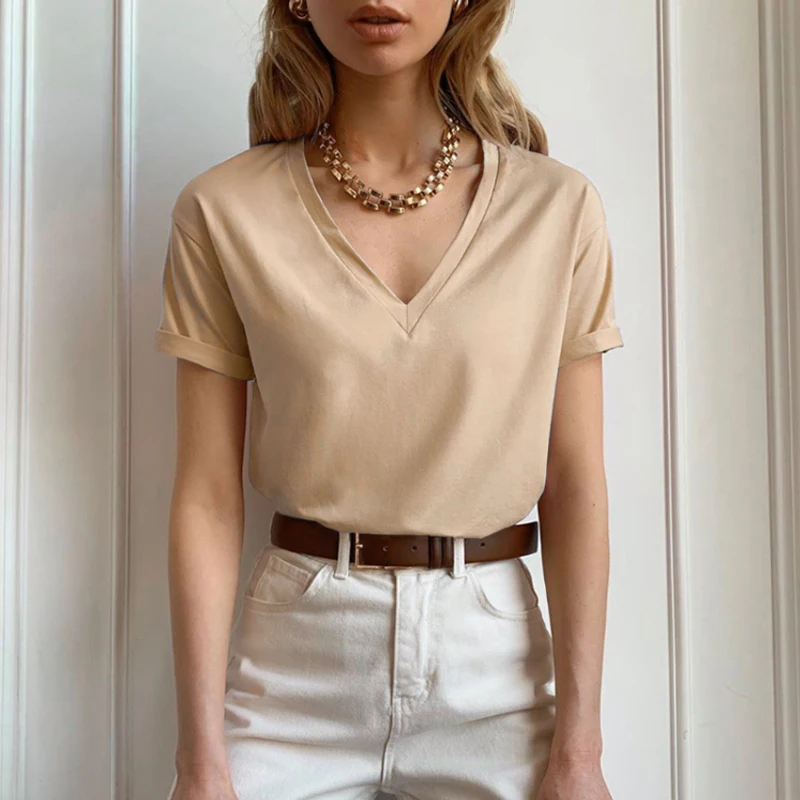 Hirsionsan 100% Cotton T Shirt Women Summer New Oversized Solid Basic Tees 9 Color Casual Loose Tshirt Korean O Neck Khaki Tops - Image 5