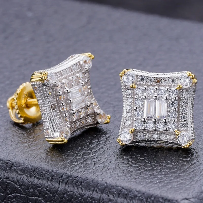 Fashion Hip Hop Square Zircon Shining Stud Earring Iced Out Metal Gold Color Earrings For Women Men Jewelry Accessory