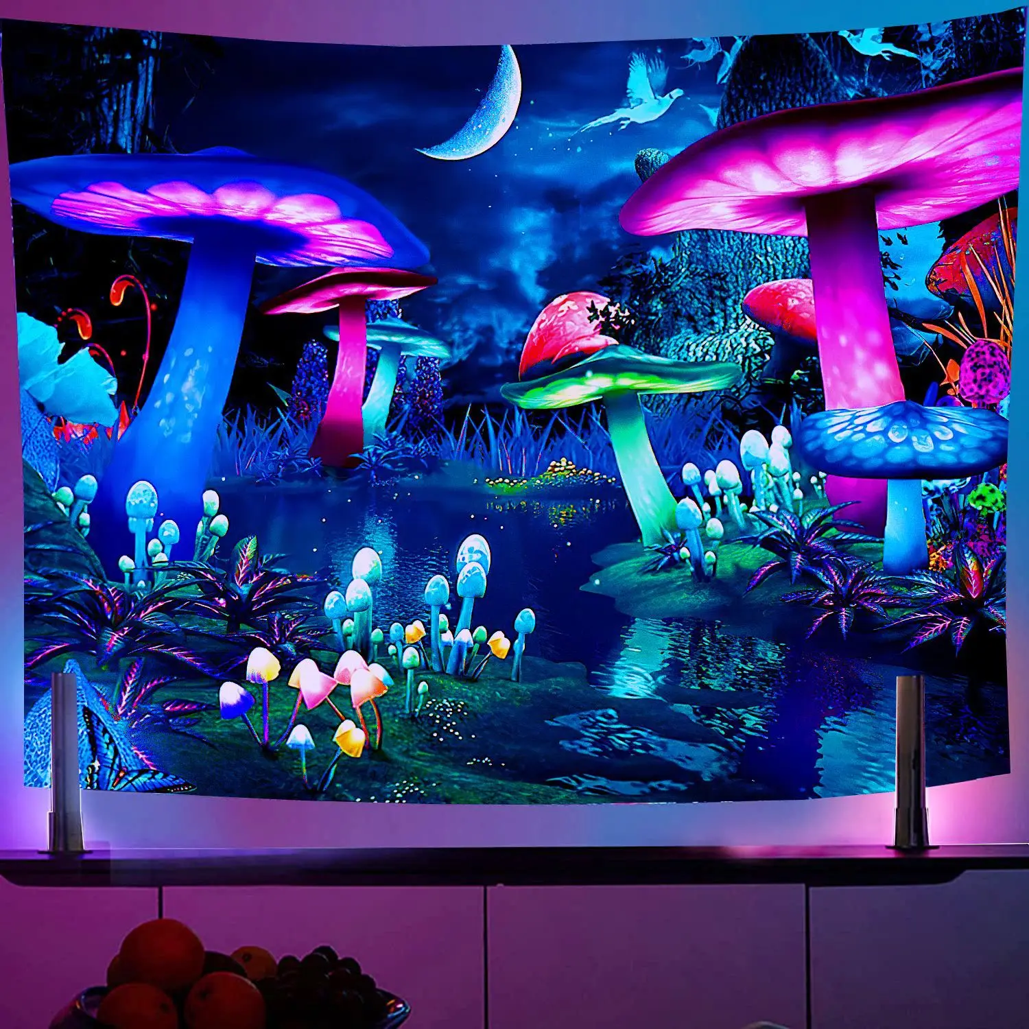 Psychedelic UV Reactive Fluorescent Tapestry Mushroom Home Decor Wall Hanging Witchcraft Skull Flowers Bright Under Blue Light