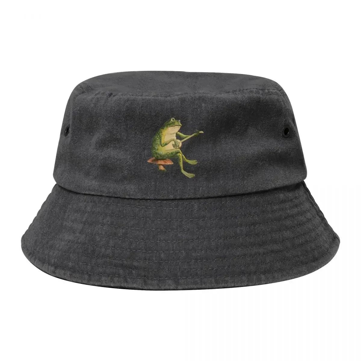 Melancholic Vintage Frog: Baannjo Player on Mushroom Toadstool, Cottagecore and Goblincore Aesthetics with Edgy Grunge Bucket Ha