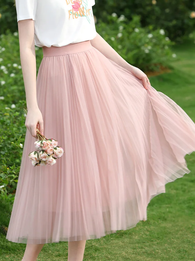 I BELIEVE YOU Pleated Mesh A-line Skirts For Women 2024 Summer New Elastic Waist Long Basics Sweet Female Solid Skirt 2241025737