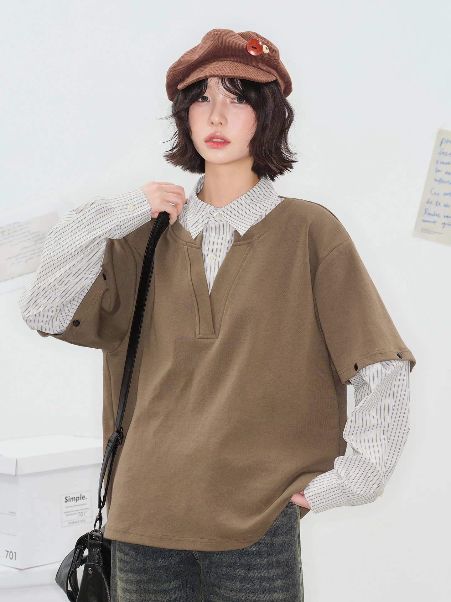 

avi Museum Long Sve T-irt Women's Loose Top Splice Color Blo Cotton Polyester Blend Moisture ng Breathable