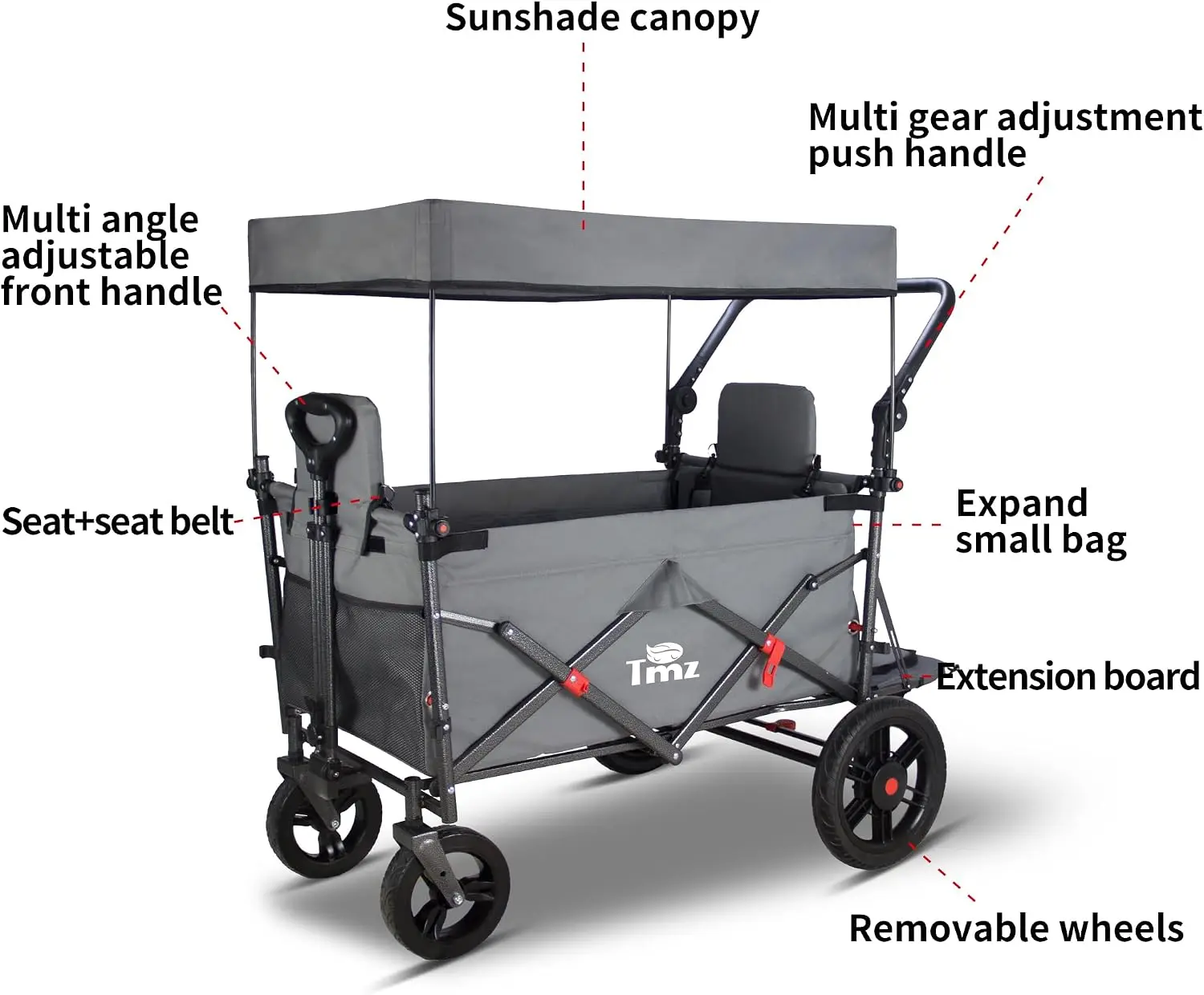 Collapsible Wagon with 2 Foldable Seats, Folding Cart with Removable Canopy, Heavy Duty Wagon 265LBS Load Capacity for Camping G