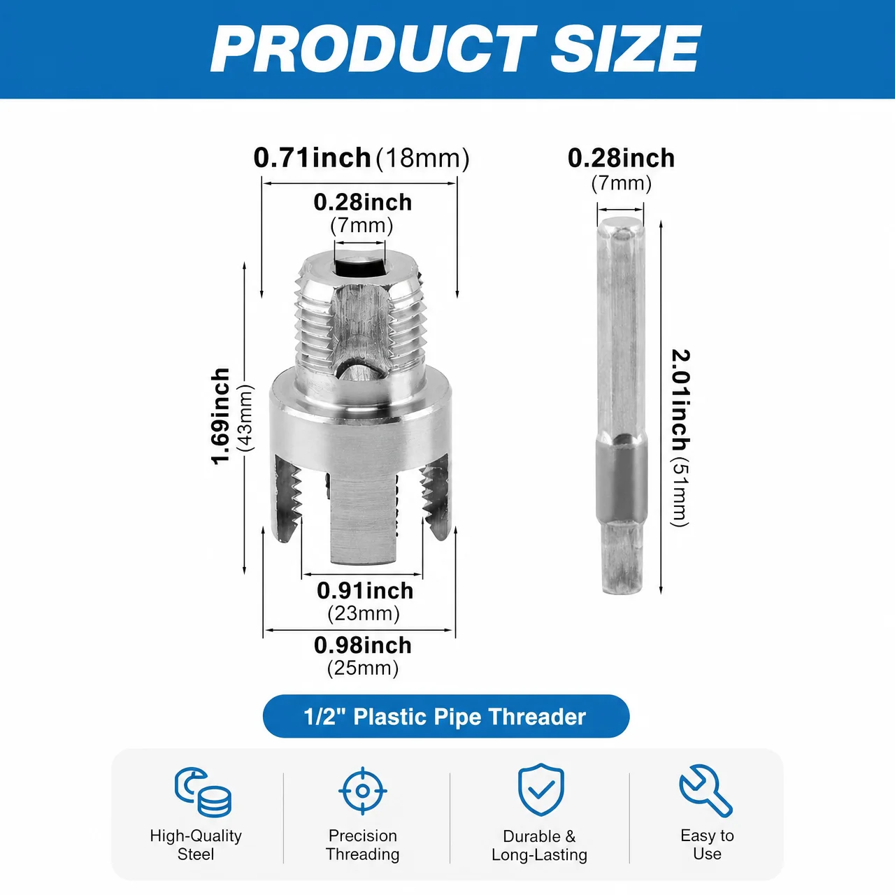 Pipe Threading Tool for Internal & External Threads, 2pcs Dual End 1/2