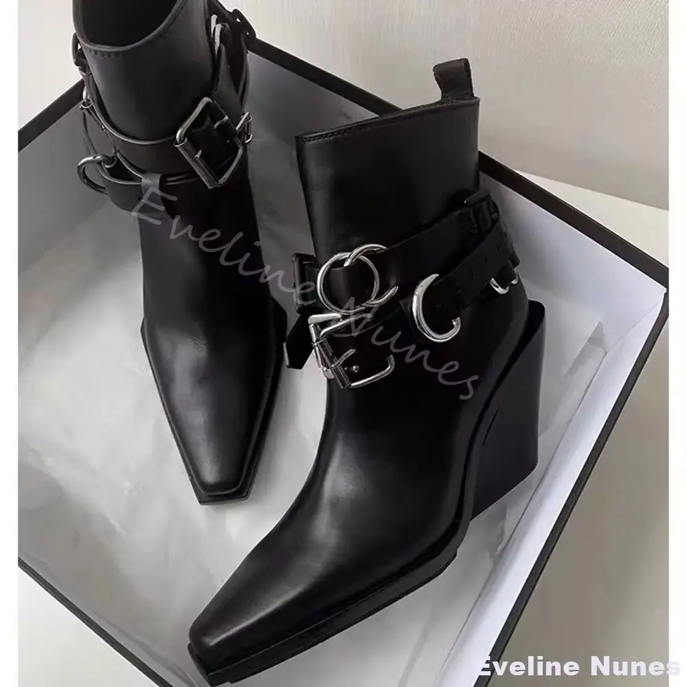 

Pointed Toe Wedges Ankle Boots Women Metal Belt Buckle Side Zipper Black Leather Chelsea Boots Winter New Fashion Knight Boots