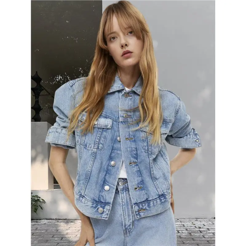 IALJ-سترة جينز قصيرة ملونة بأكمام 3/4 للنساء من قماش الدنيم خفيف وغسول قصير معطف سائق الشاحنة