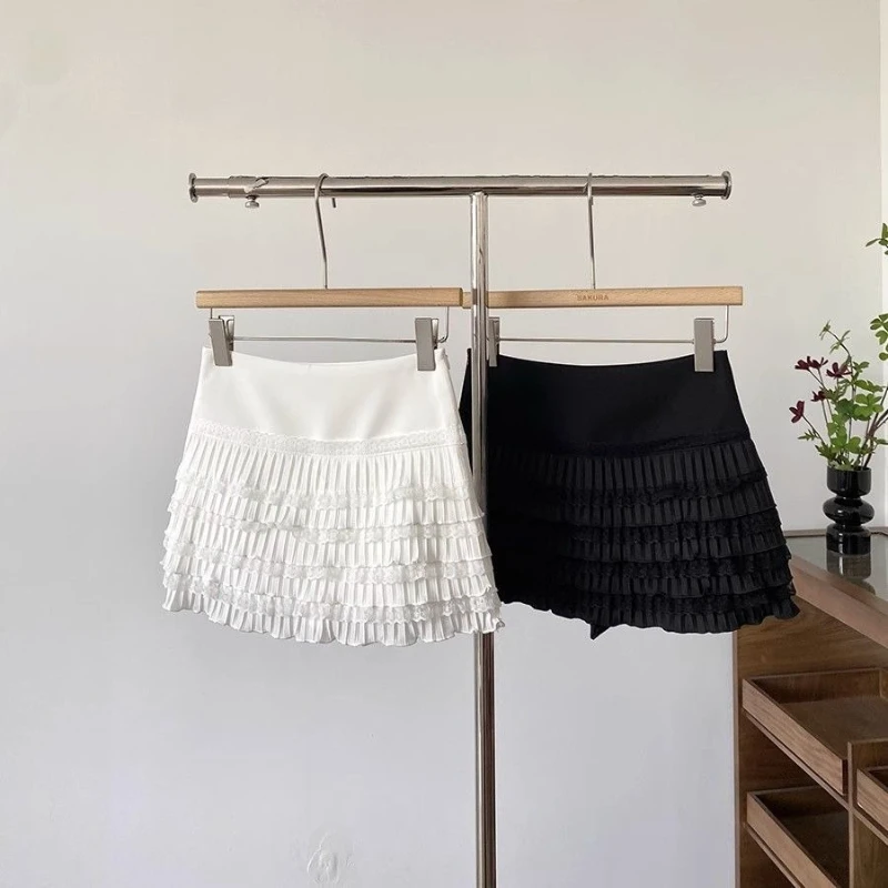 Spice Girls Summer New Korea Chic Skirt Sweet All-match Lace Ruched Slim Mujer Faldas High Waist Fungus Cake French Falda